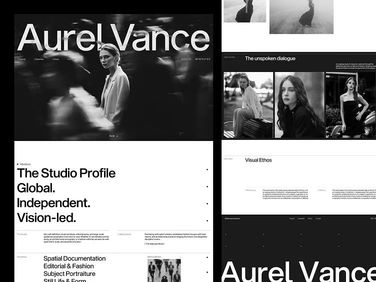 Aurel Vance creative studio website with bold typography and monochrome layouts