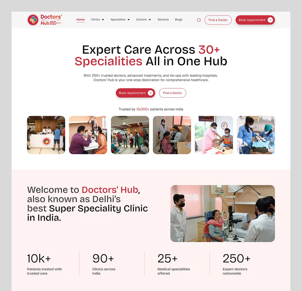 Doctors' Hub super speciality clinic website with hero and clinical photography