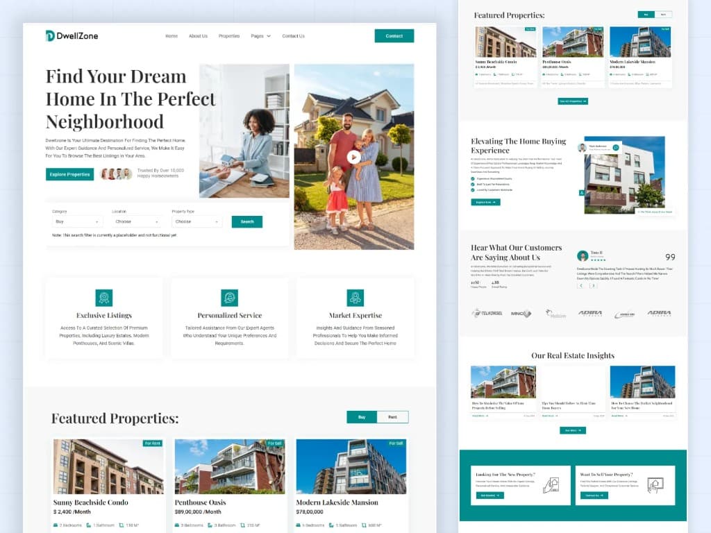 DwellZone real estate website with hero, search filters, and featured property listings