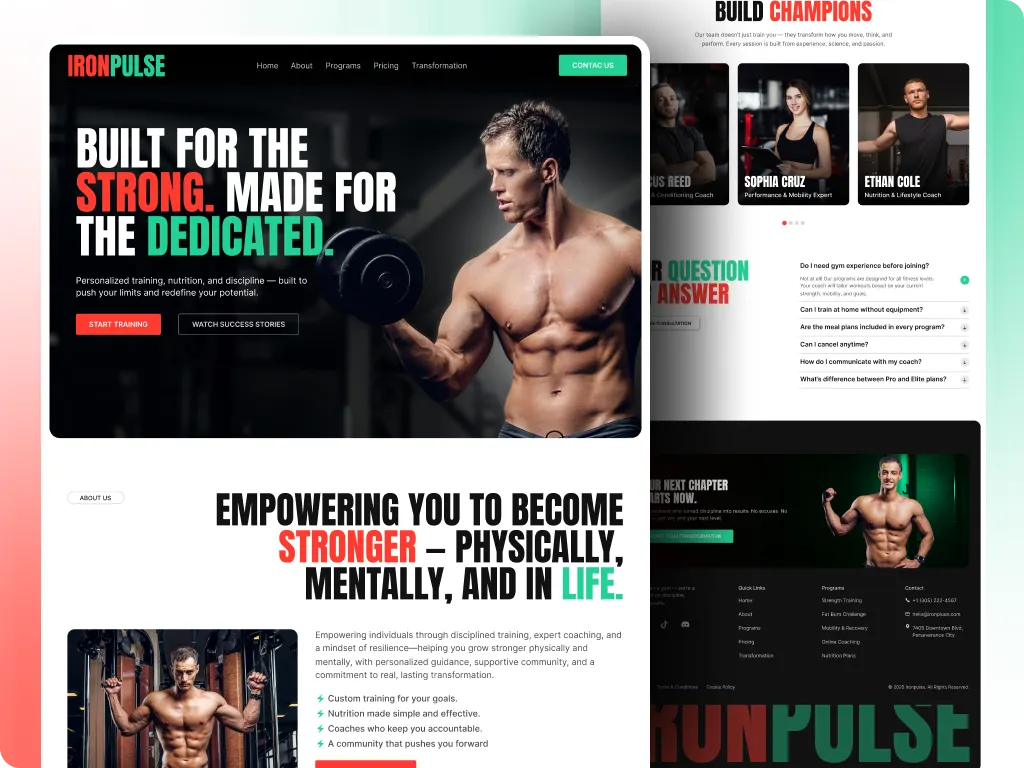 IRONPULSE gym website with bold red and green accents and trainer section