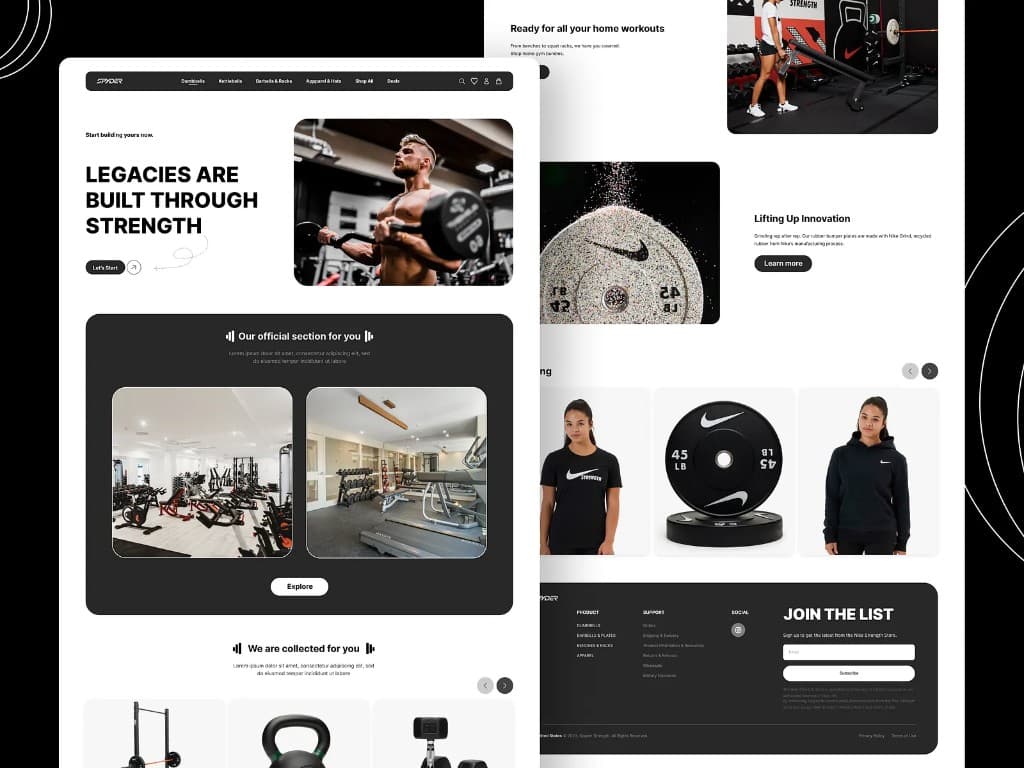 SPYDER fitness equipment ecommerce site with dark theme and product sections